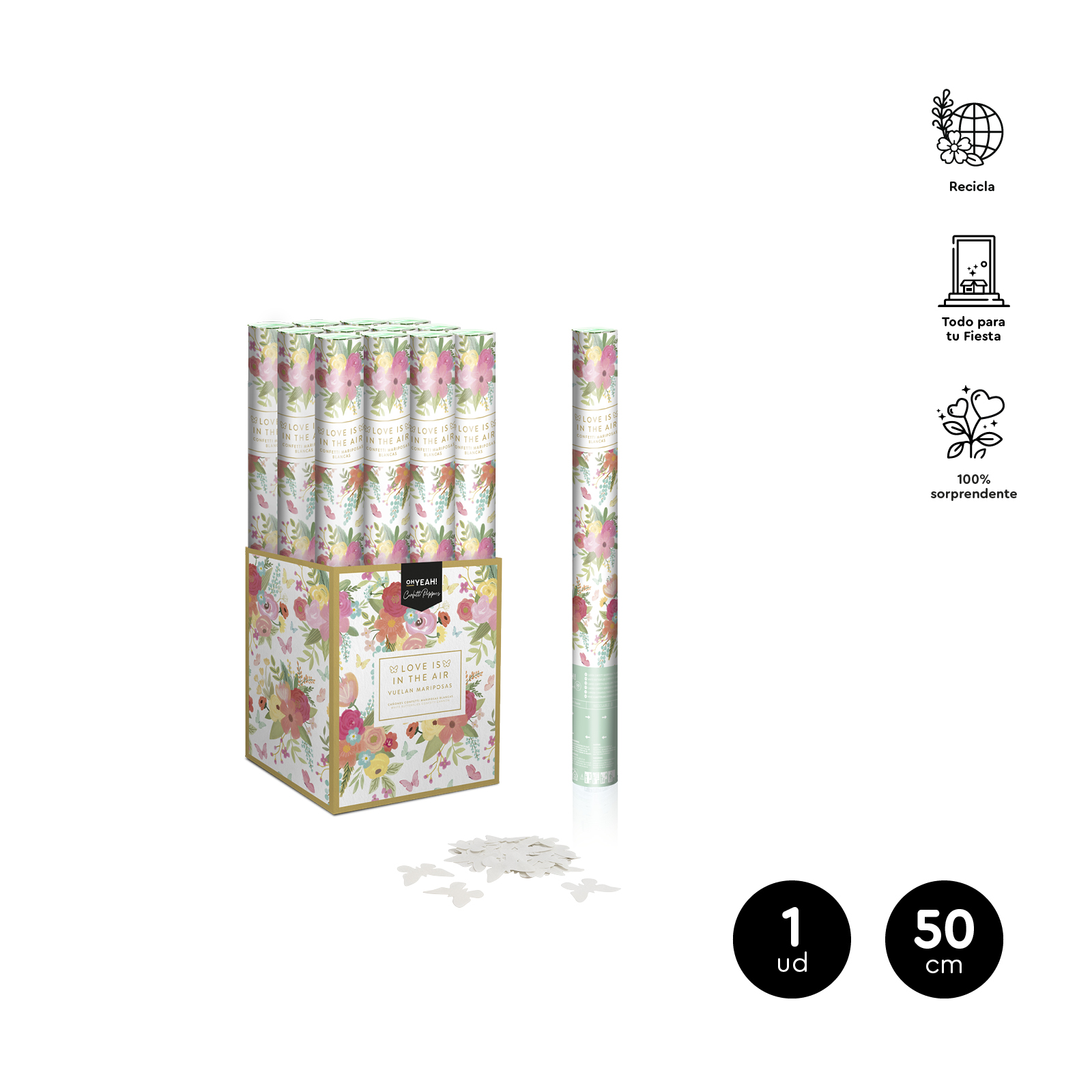 CAÑON CONFETI 1141032 MARIPOSAS BLANCO WEEDING 50CM