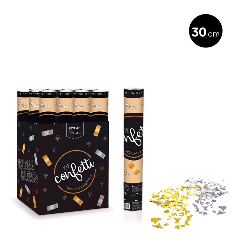 CAÑON CONFETTI 114-1006 METALIZADO COLORES STD ORO Y PLATA 30CM