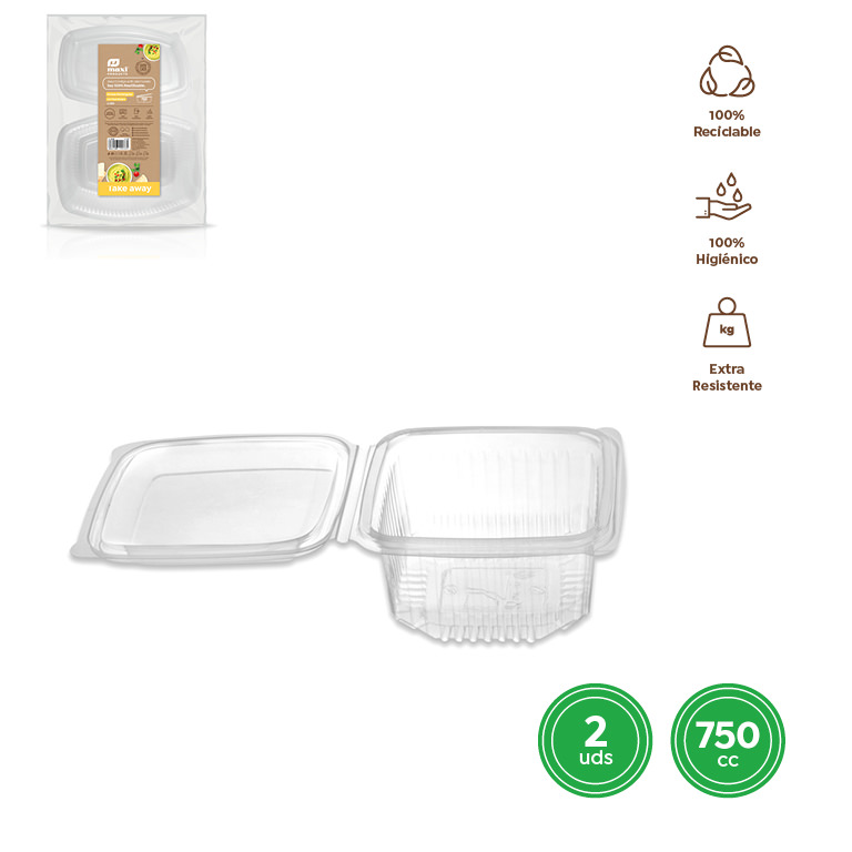 ENVASE CON TAPA 1503R BISAGRA RECTANGULAR 750CC SET 2UDS TRANSPARENTE