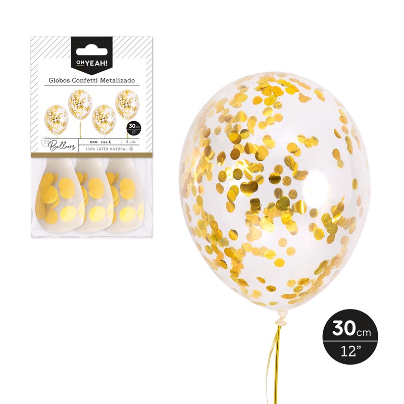 GLOBO 112-1121 LATEX + CONFETTI ORO METALIZADO 30CM SET 3UDS