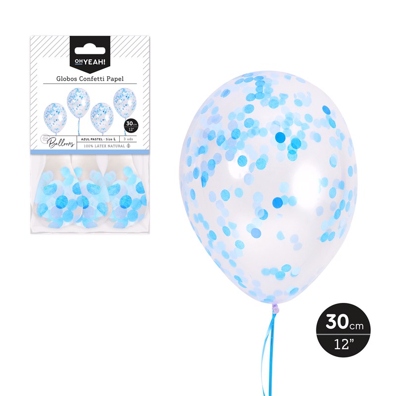 GLOBO 112-1132 LATEX + CONFETTI AZUL PASTEL 30CM SET 3UDS