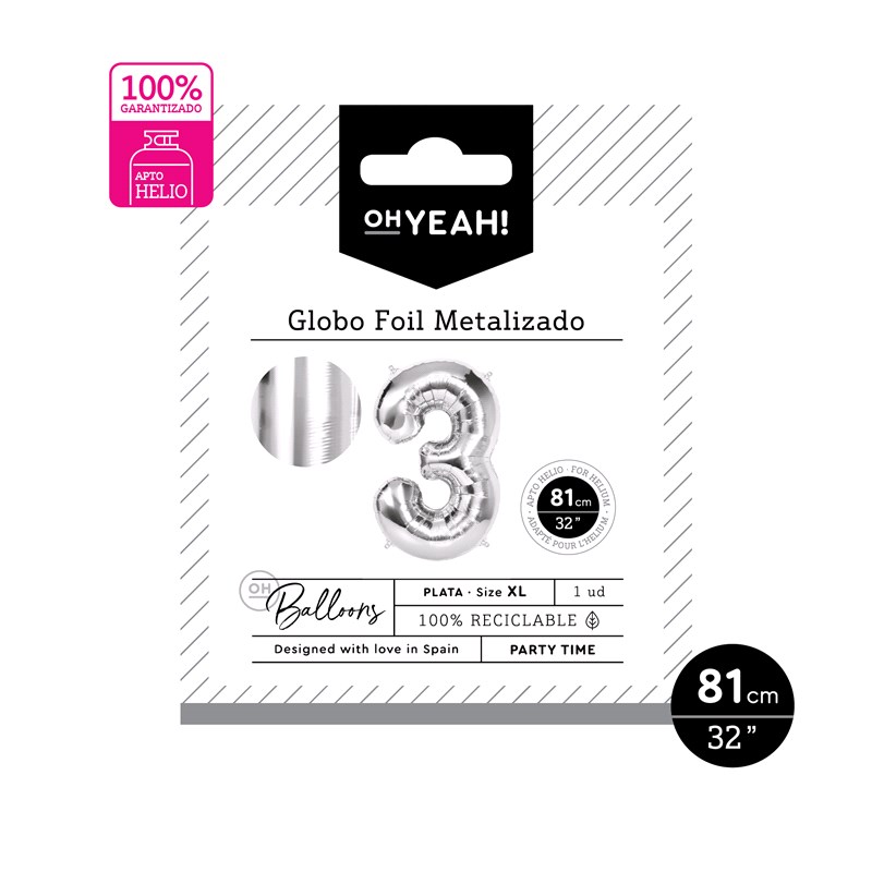 GLOBO 113-1063 POLIAMIDA Nº3 81CM PLATA METALIZADO