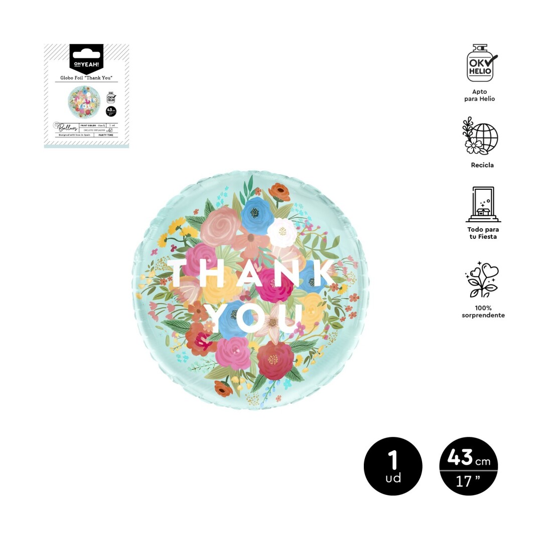 GLOBO FOIL 1131366 REDONDO "THANK YOU" FLORAL AZUL Ø43 CM 17" APTO HELIO**
