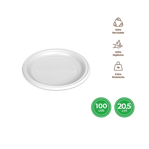 PACK 100 UDS PLATO 5001R LLANO REDONDO REUTILIZABLE BLANCO 20.5CM