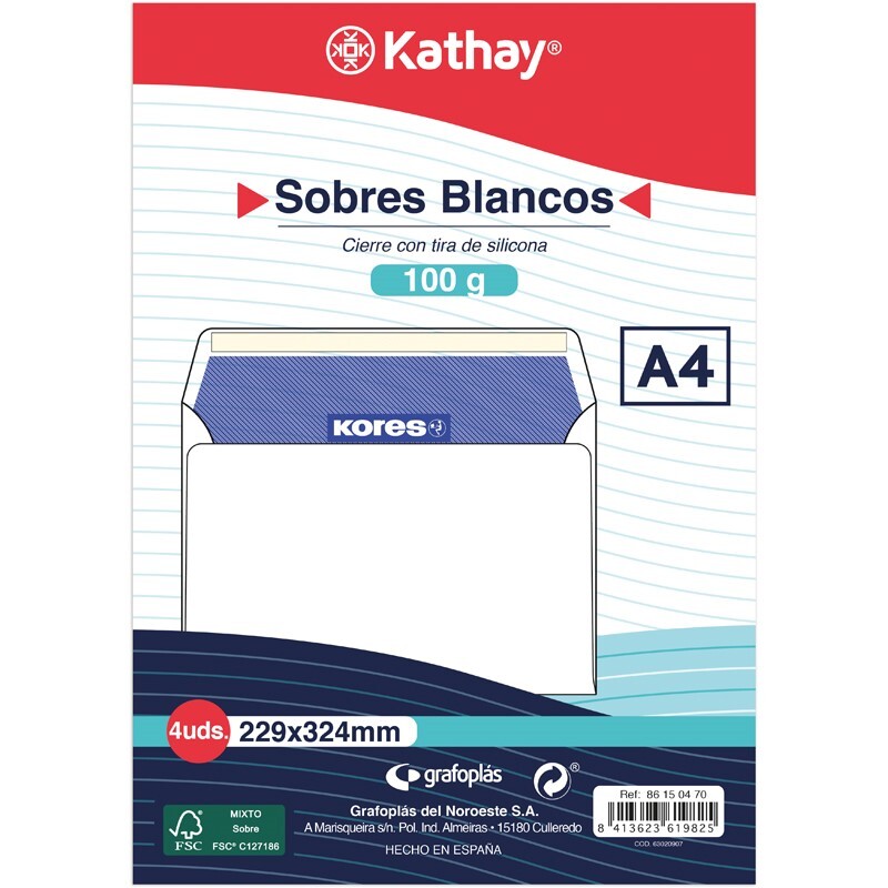 PACK 4 SOBRES BCO 229X324MM 100G KATHAY 86150470