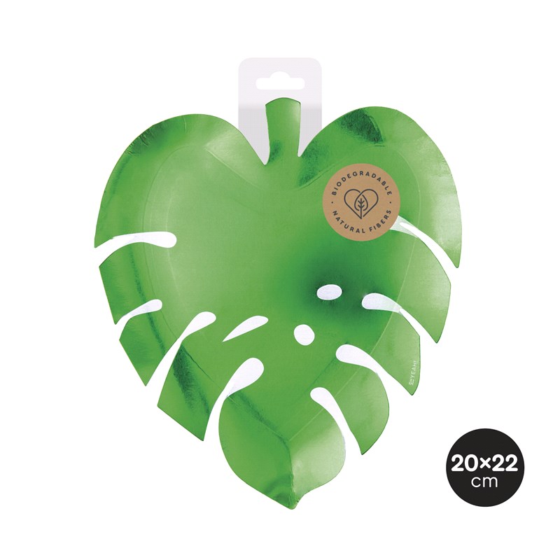PLATO LLANO 119-1011 FORMA HOJA TROPICAL VERDE METALIZADO 20X22CM SET 6UDS