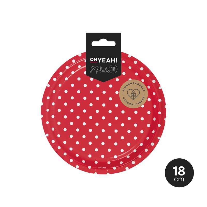 PLATO LLANO 119-1034 LUNARES POSTRE ROJO 18CM SET 8UDS