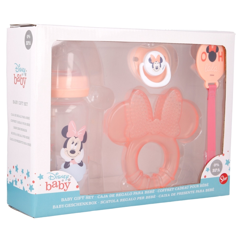 SET PREMIUM 4 PCS 13108 (BIBERON 240 ML, CHUPETE ANATOMICO, MORDEDOR Y SUJETACHUPETES) MINNIE**