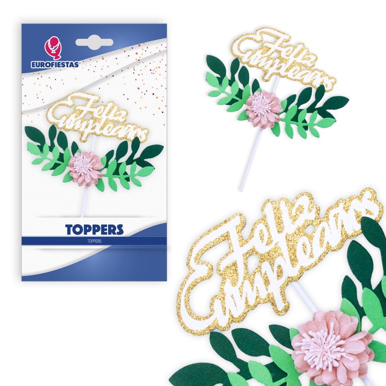 TOPPER 32160 FELIZ CUMPLEAÑOS HOJAS CON FLOR