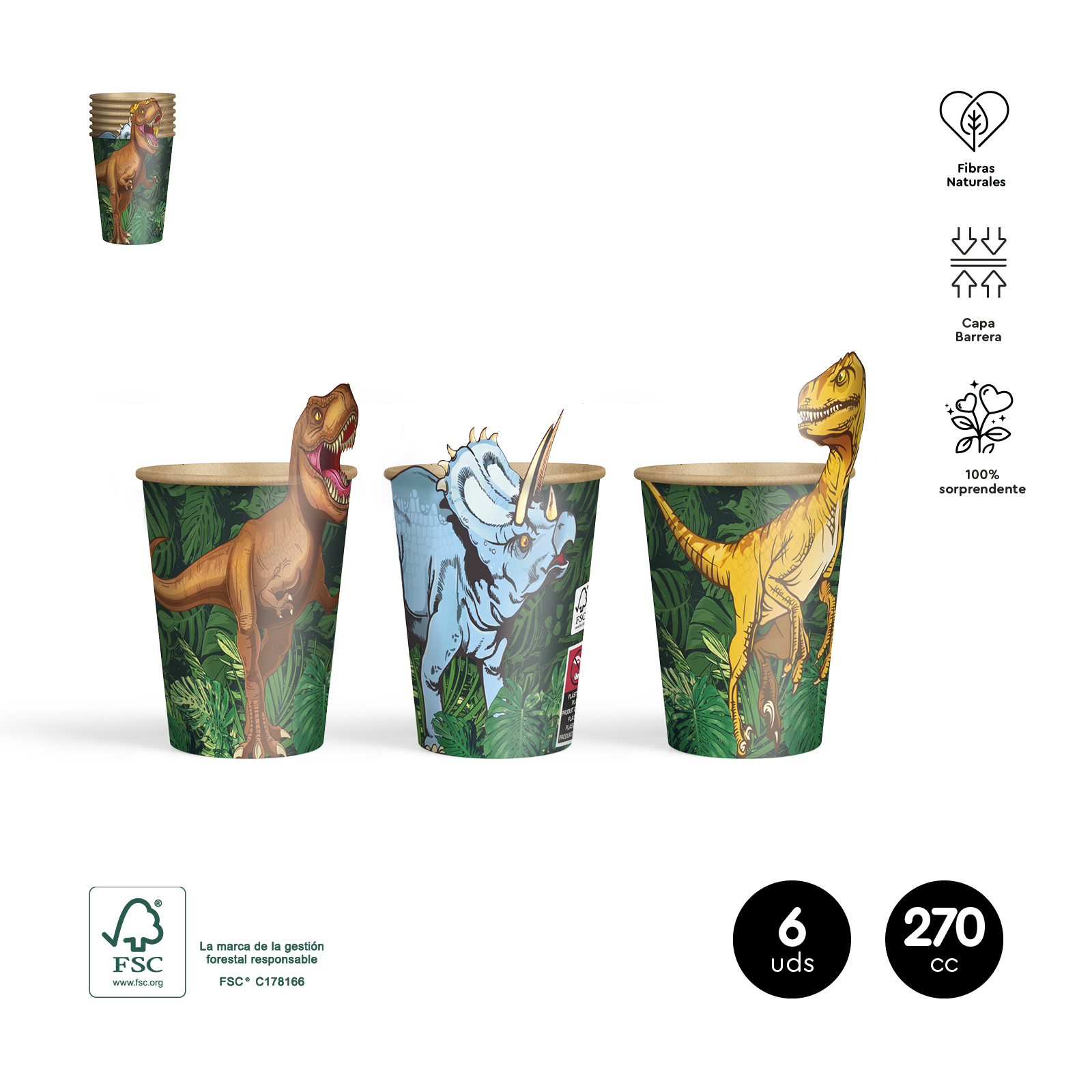 VASO CARTON 1191132FM CON FUNDA DINOSAURIOS 270CC SET 6UDS